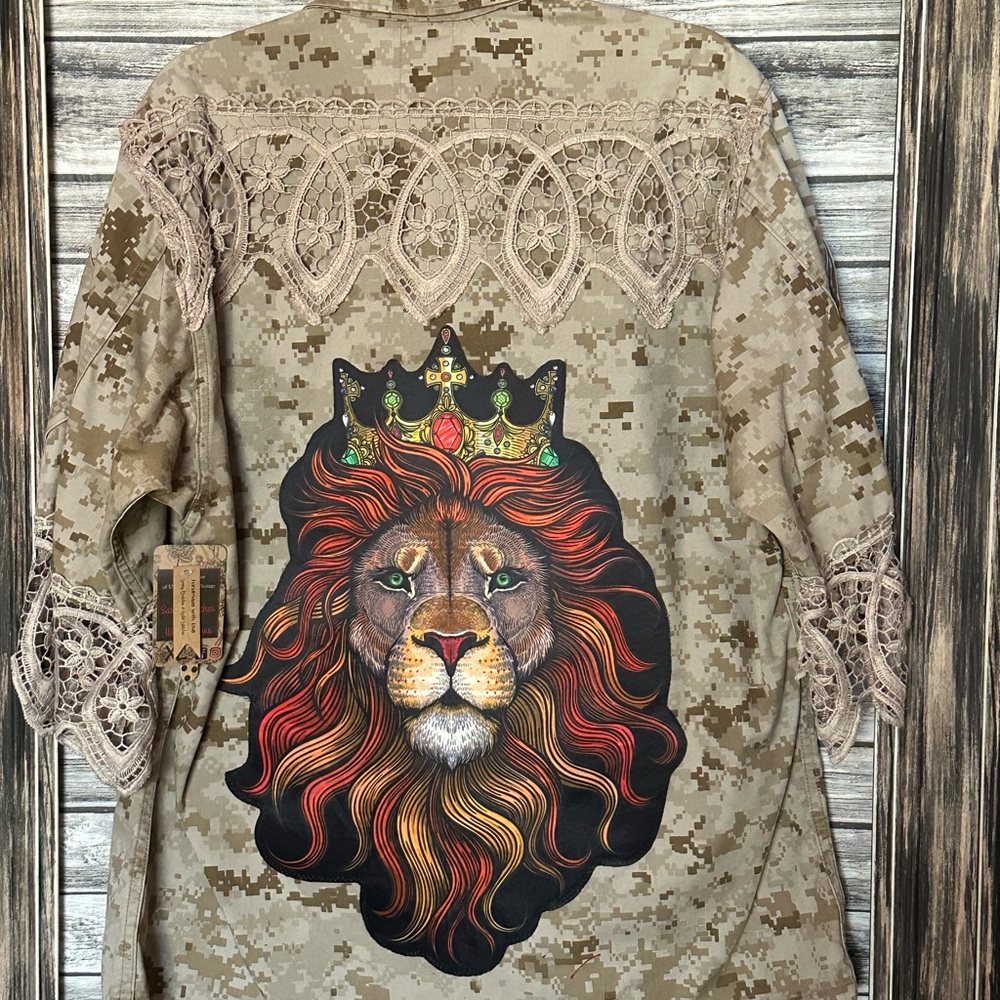 Vintage Authentic UpCycled Recycled Camo Military Jacket Lion Gypsy Lace Marines